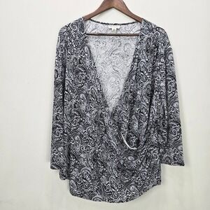 Coldwater Creek‎ Blouse Top 3X Black White Faux Wrap 3/4 Sleeve Ruched Paisley